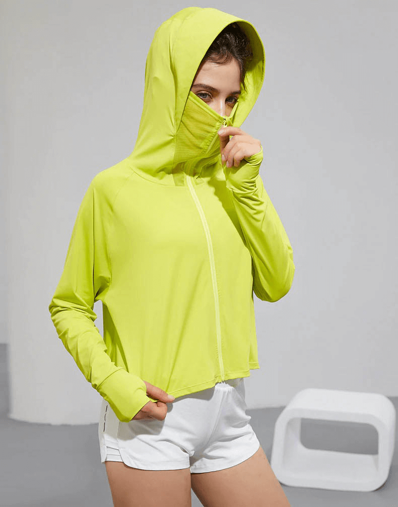Woman wearing lime green Zipper Long Sleeves Sun Protection Hoodie, ideal for yoga and running, showcasing sporty style and breathability.